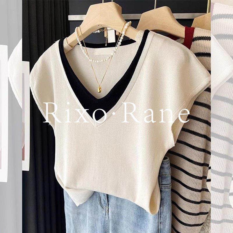 法国Rixo Rane⭐假两件V领短袖针织衫T恤女夏季时尚气质冰丝上衣