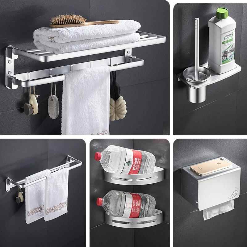 浴室毛巾架套装五件套跨境温州工厂太空铝置物架免打孔折叠毛巾架