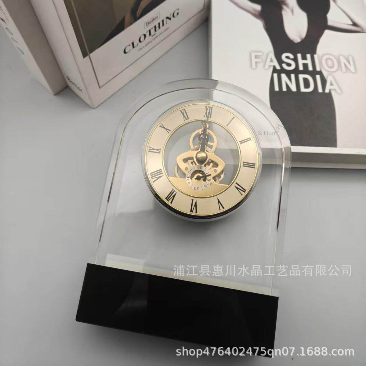 现代简约创意水晶玻璃钟表摆件样板房售楼处家居玄关桌面摆件