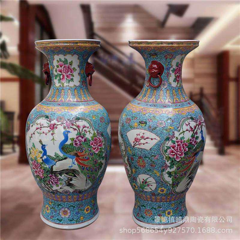 景德镇陶瓷器手绘粉彩花鸟大花瓶家居客厅会议室落地摆件开业送礼
