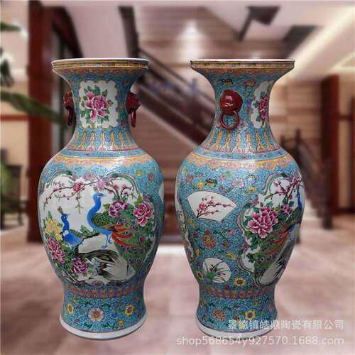 景德镇陶瓷器手绘粉彩花鸟大花瓶家居客厅会议室落地摆件开业送礼