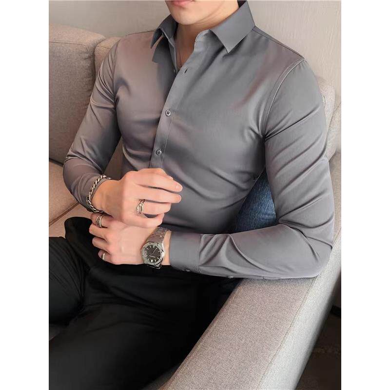 高级感灰色长袖西装衬衫男弹力内搭韩版修身商务短袖黑色打底衬衣