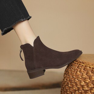 意大利Corso Venezia~翻毛皮短靴女单靴中跟踝靴磨砂裸靴加绒女靴