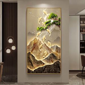 FTE鱼代入户玄关装饰画D九图山水L现E灯壁画迎客松走廊过道挂画竖