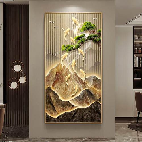 FTE鱼代入户玄关装饰画D九图山水L现E灯壁画迎客松走廊过道挂画竖