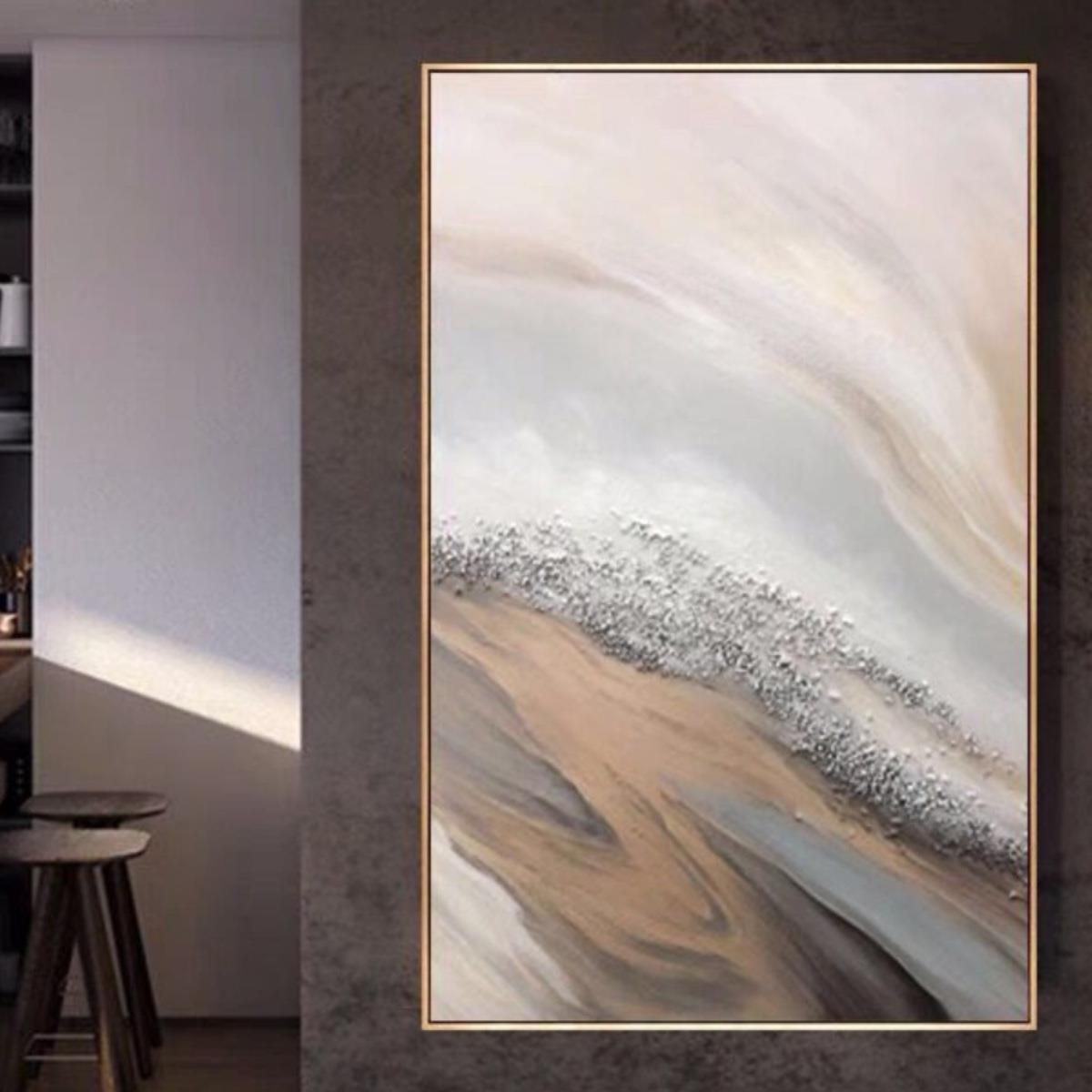 纯手绘抽象海景立体肌理装饰画玄关竖款石子实物油画高端现代挂画