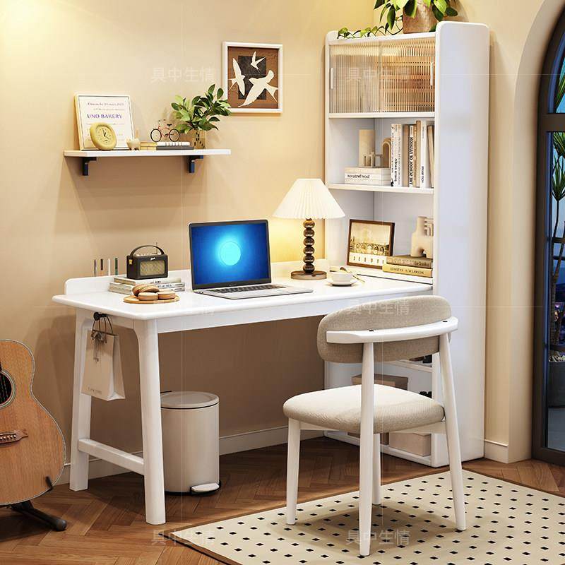 实木转角书桌书架一体桌卧室书柜组合写字台家用办公桌拐角电脑桌