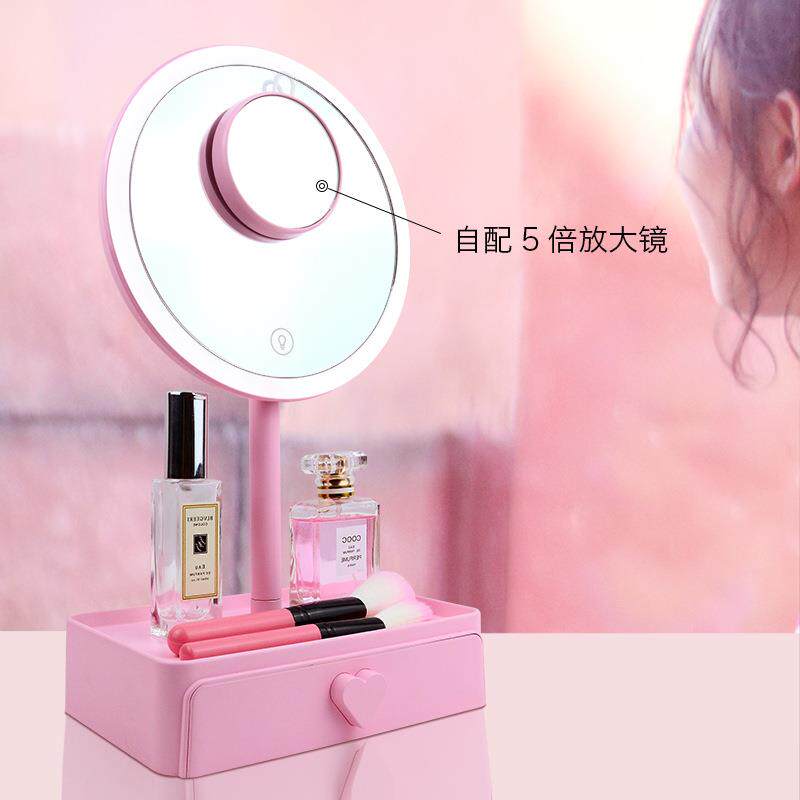 镜子化妆镜带灯女生台式LED灯桌面梳妆台收纳盒一体贝壳镜圆形镜