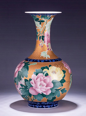 富贵花开真黄金花瓶插花鎏金大师肖建辉手绘陶瓷花瓶中式家居摆件