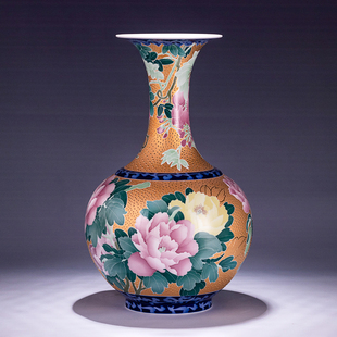 富贵花开真黄金花瓶插花鎏金大师肖建辉手绘陶瓷花瓶中式家居摆件