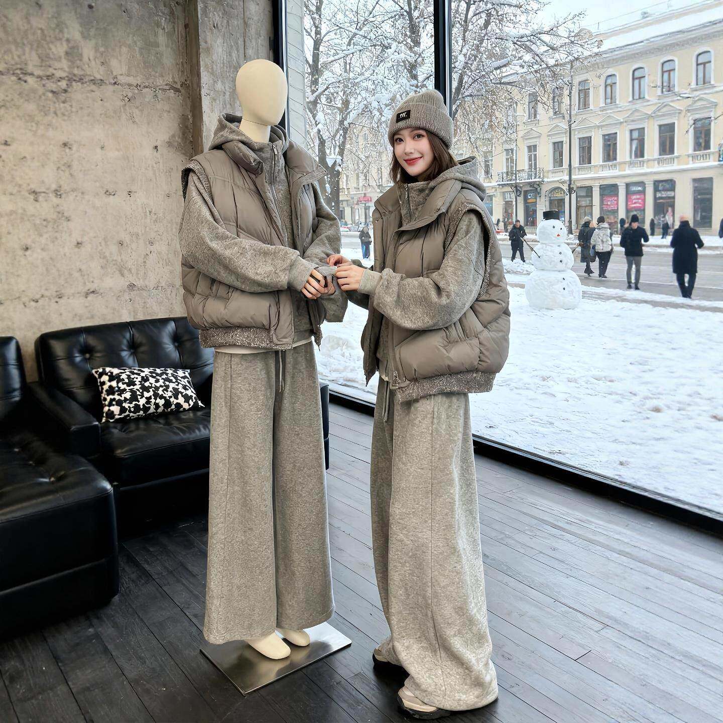 欧洲站冬季穿搭一整套大尺码棉服马甲立领运动衫休闲裤时尚三件套