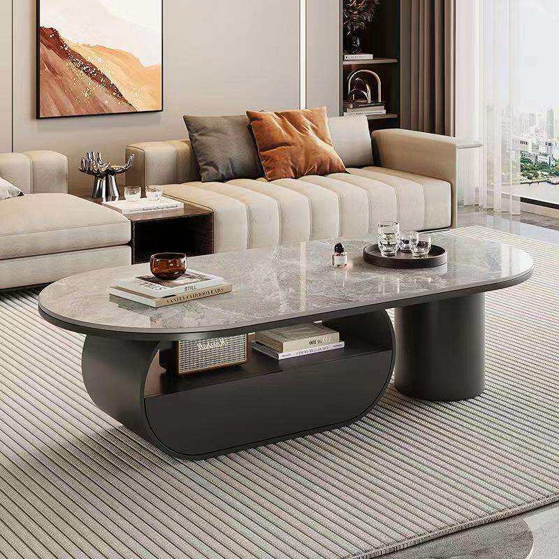 奶油风椭圆形岩板茶几简约客厅轻奢家用现代组合新款小户型电视柜
