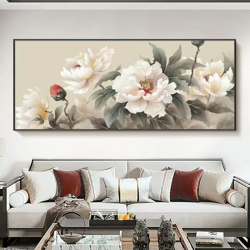 花开富贵客厅装饰画国画牡丹办公室大画横版沙发背景墙壁画一整幅