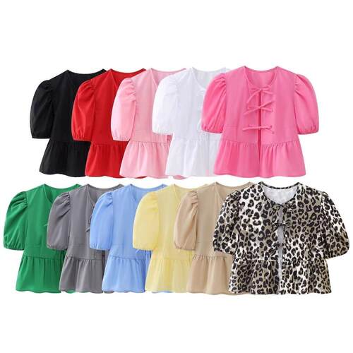 Leopard Print Crop Top Women Puff Sleeve Ruffle Blouses