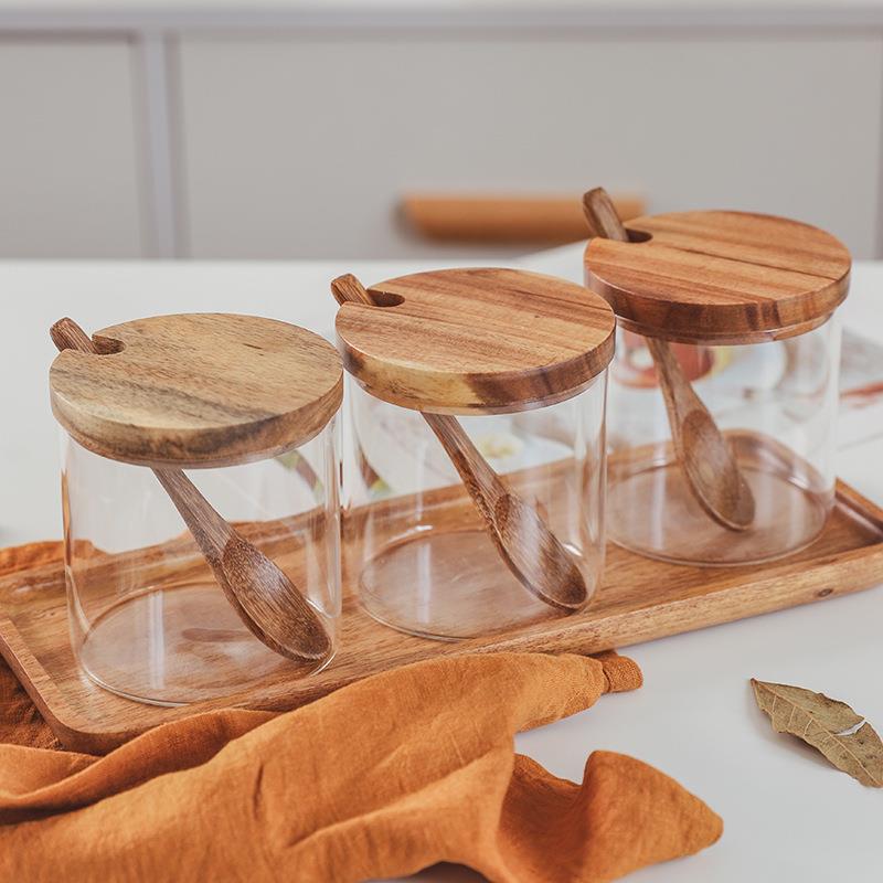 相厨思木盖玻璃味罐房耐高温调料调盒木工26底座防滑三位带木勺木