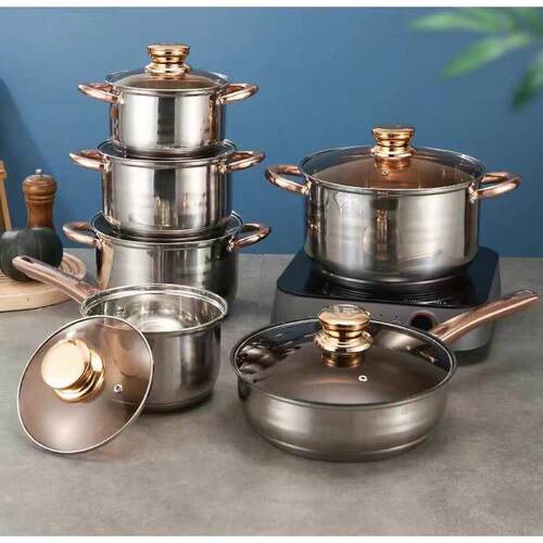 锅具套装加厚复底12件套装锅单柄奶锅双耳汤锅cookware pots set