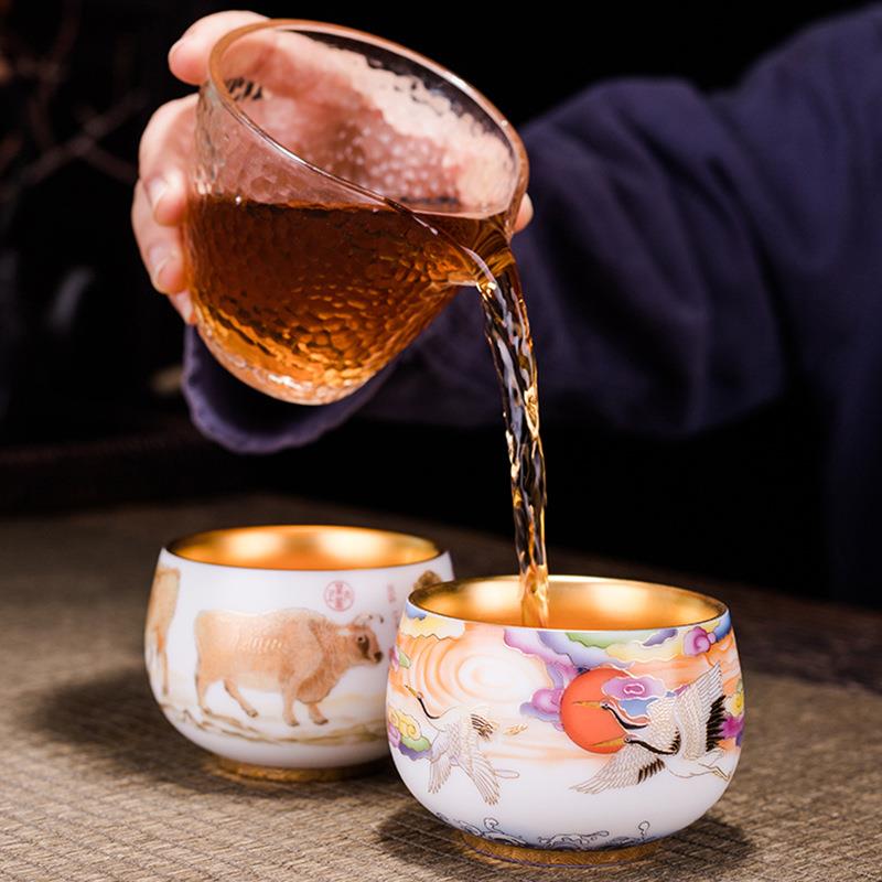 弘一鎏金茶具 羊脂玉德化白瓷五福牛主人杯24K描金仙鹤陶瓷茶杯子