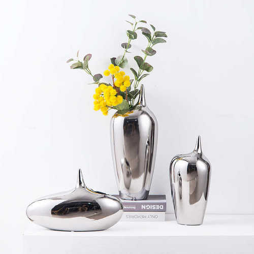 创意不规则陶瓷摆件艺术样板间前台酒柜软装饰品银色陶瓷摆设批发