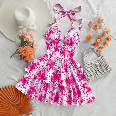 Vintage Aesthetic Boho Bohemian Floral Print Tie Dress