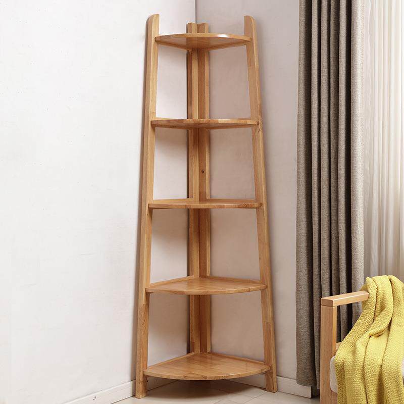北欧风实木墙角置物架陈列书架客厅简约落地收纳架子五层梯形花架