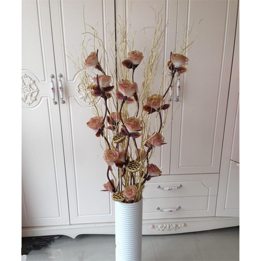 叶脉干 干燥花彷真花落地假花客厅玄关隔断装饰花套装 金曲柳玫瑰