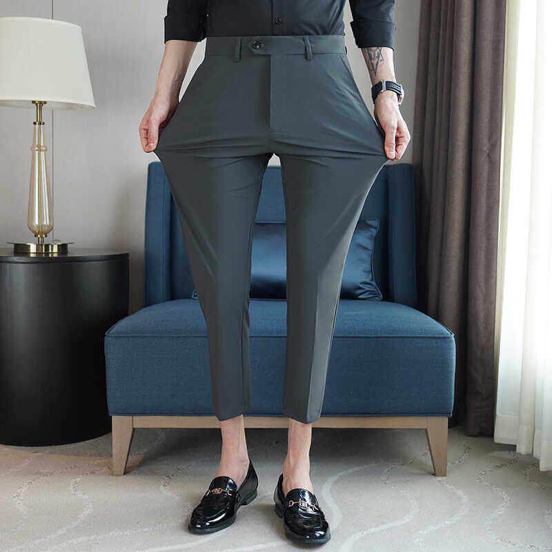 高级男士冰丝西裤夏季新款修身直筒小脚九分裤免烫垂感商务休闲裤