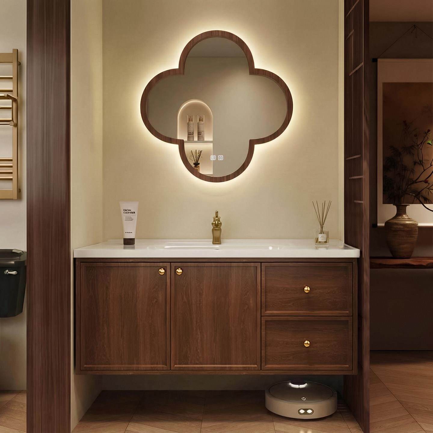 中古风胡桃色实木浴室柜组合陶瓷一体盆卫生间洗手洗脸洗漱台盆柜