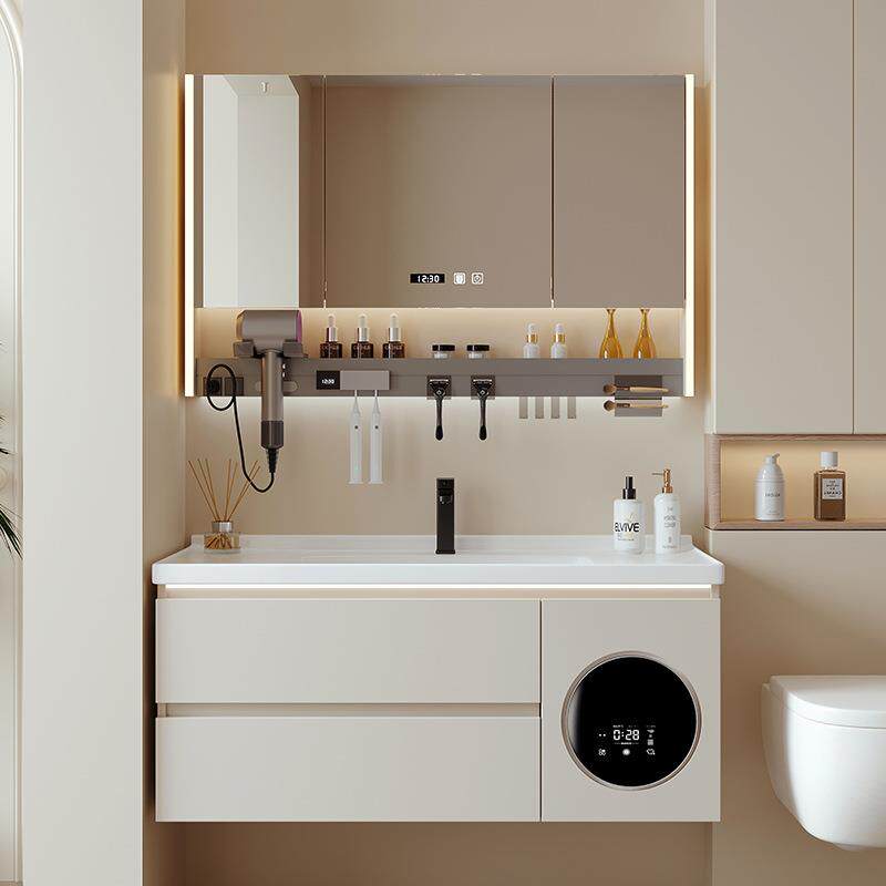 熠达工厂直销带洗烘一体洗衣机浴室柜组合奶油风陶瓷一体盆洗手台