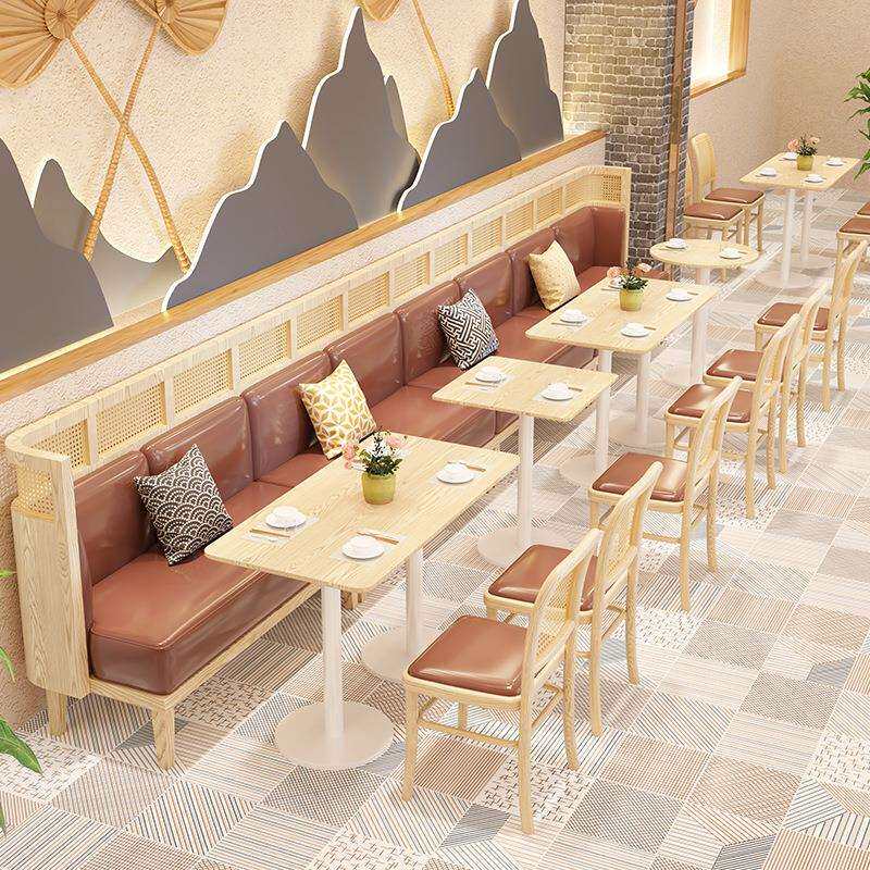 卡座沙发 编藤靠墙实木东南亚餐厅饭店茶餐厅咖啡厅 清吧桌椅组合图片