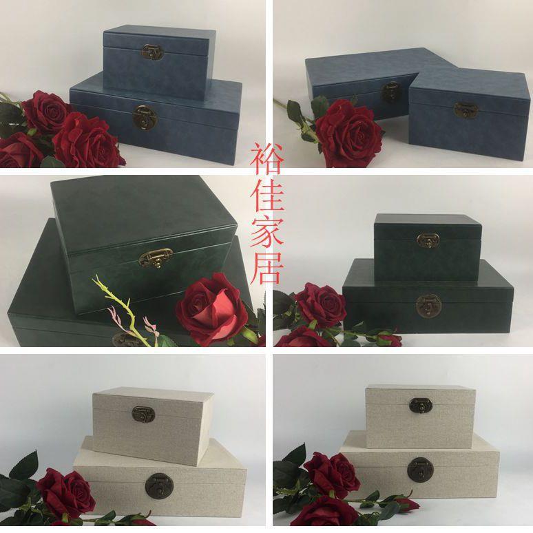 新中式高矮麻布锁圆扣水刺蓝收纳盒 麻布锁圆扣饰品摆件盒子