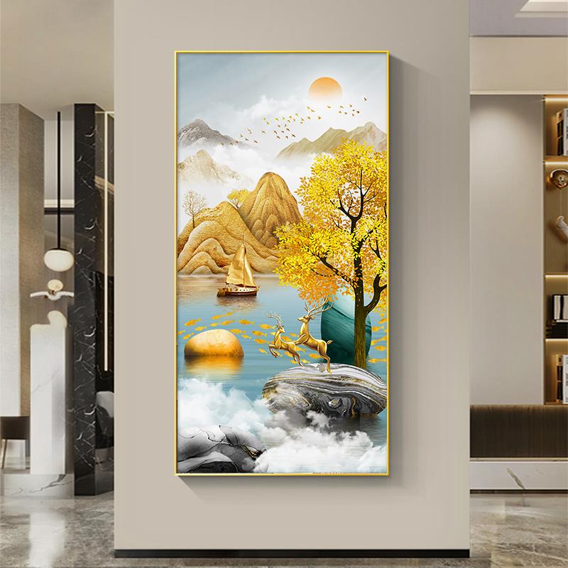 玄关挂画2022年新款旭日东升入户走廊玄幻装饰画山水晶瓷画发财树图片