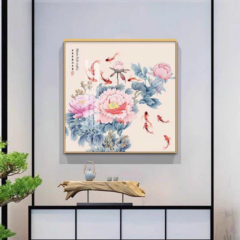 牡丹新中国风书房走廊壁画九鱼画客厅挂画鲜花盛开丰富广场餐厅装