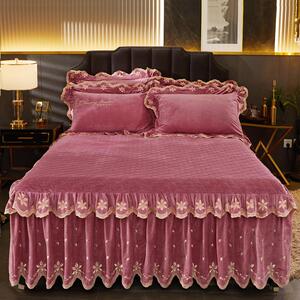 申牟家纺刺绣纯色宝宝绒细绒水晶绒加绒加厚床罩夹棉冬床裙式单件