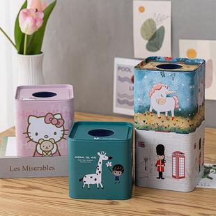 卷纸盒客厅家用马口铁盒创意圆形纸巾盒卡通可爱桌面办公室卷纸筒