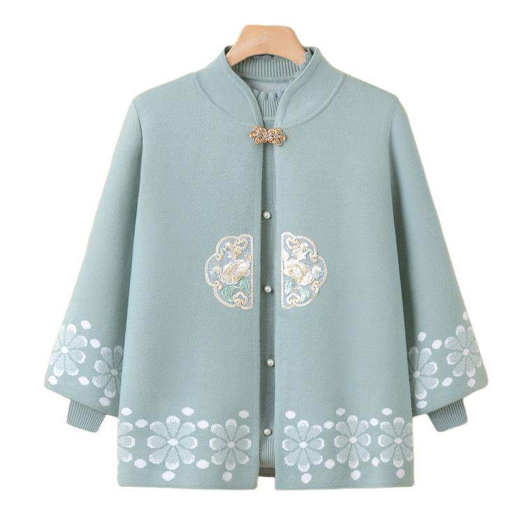 秋冬妈妈毛衣国风新中式女士针织衫中老年女士上衣套装婆婆衣服