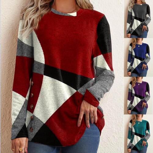 Button geometry long sleeved printed T-shirt women's