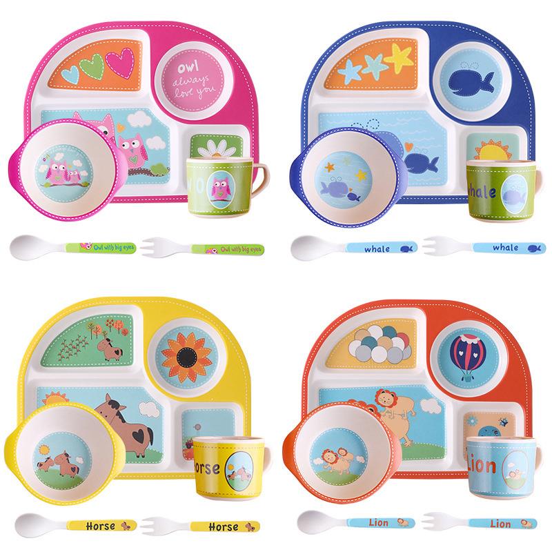 卡通竹纤维儿童餐具套装五件套 幼儿园宝宝吃饭分格餐盘卡通饭碗