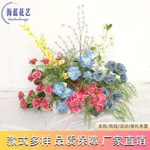 多巴胺婚礼花艺迎宾区仿真花排布置婚庆舞台装饰路引花地排花挂花