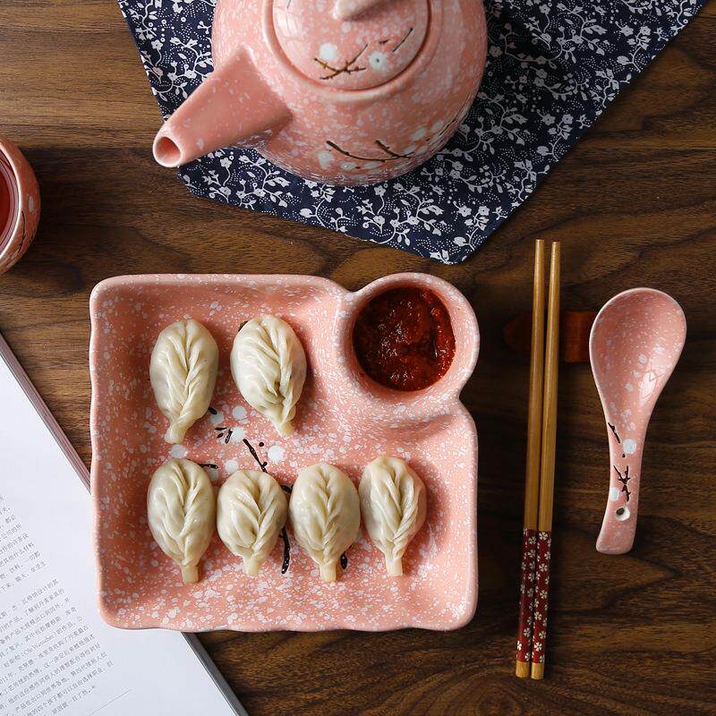 饺子盘带小醋碟菜盘蘸醋盘子餐馆分格饺盘日式釉下彩家用陶瓷餐具