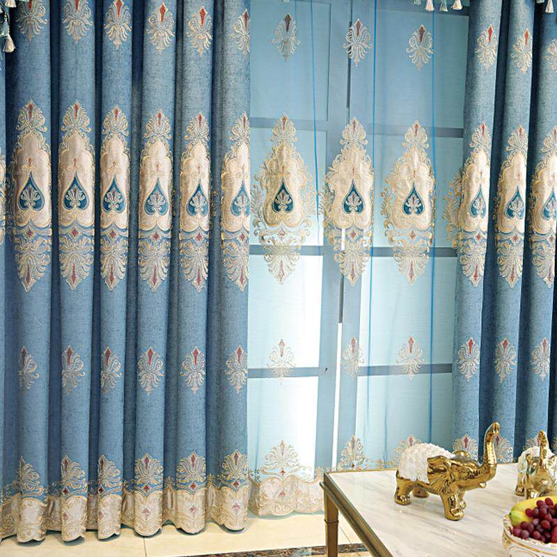 跨境现货成品客厅欧式餐厅卧室高档轻奢激光贴绒刺绣遮光窗帘布