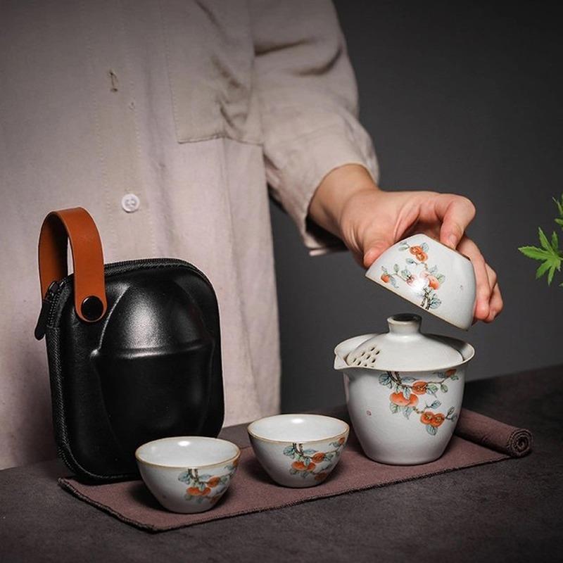 旅行茶具套装便携式一壶三杯汝窑陶瓷快客杯出差旅游户外露营泡茶图片
