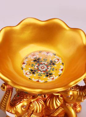 树脂八吉祥三坐象宝钵浮雕花钵碗藏式用品果盘菩萨摆件红黄色碗盆