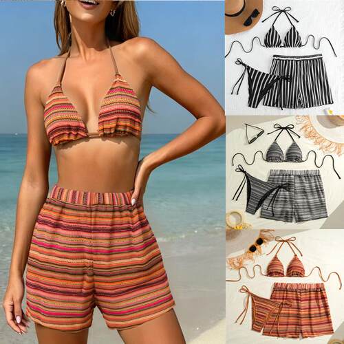 Striped Split Swimsuit Women's Tethered Bikini Triple