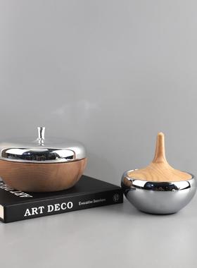 现代简约不锈钢带盖糖果储存罐皮革椅子摆件客厅卧室软装家居饰品