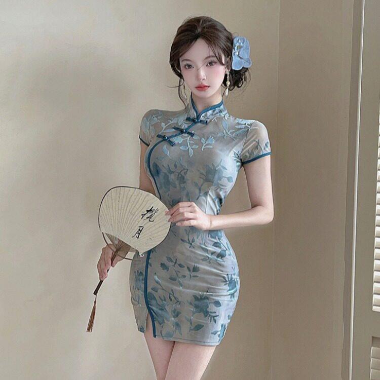 夏季新中式国风年轻款改良旗袍短款网纱包臀连衣裙直播女主播衣服