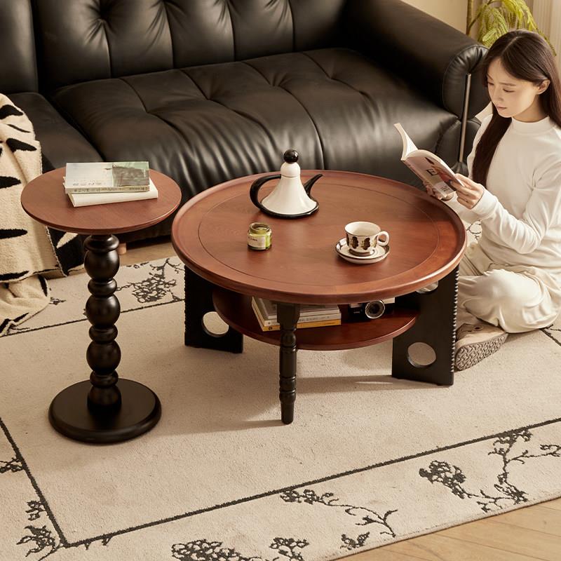 中古风实木圆形茶几客厅家用小户型轻奢高级感法式复古创意圆桌子