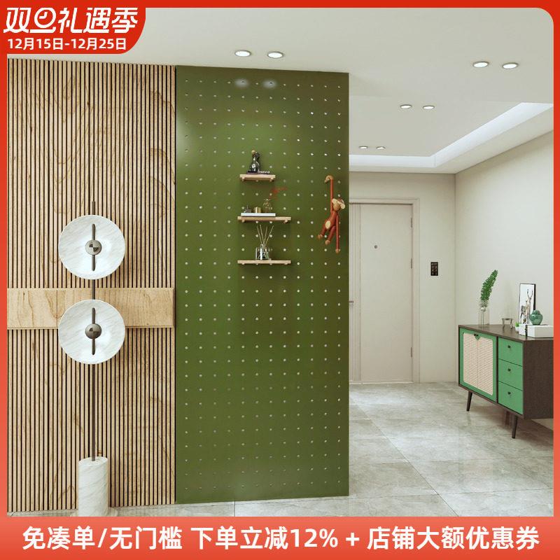 定制绿色洞洞板入户墙面收纳墙 定做玄关墙上异形木质挂板展示架