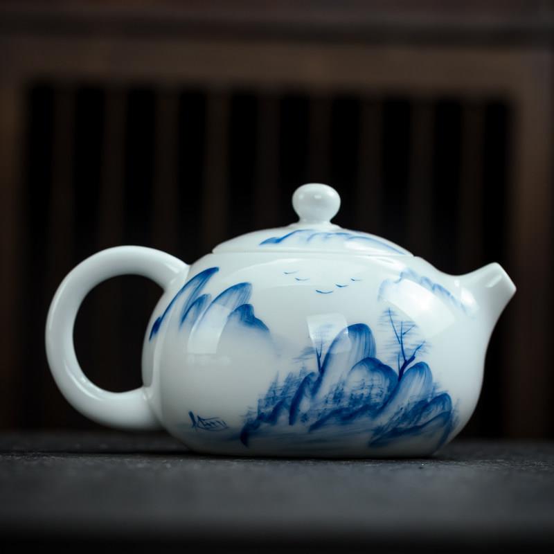 青花手绘茶壶陶瓷功夫茶具泡茶器手工山水西施壶家用过滤单壶新款