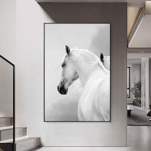 黑白灰马的玄关装饰画北欧客厅现代简约挂画走廊过道壁画马到成功
