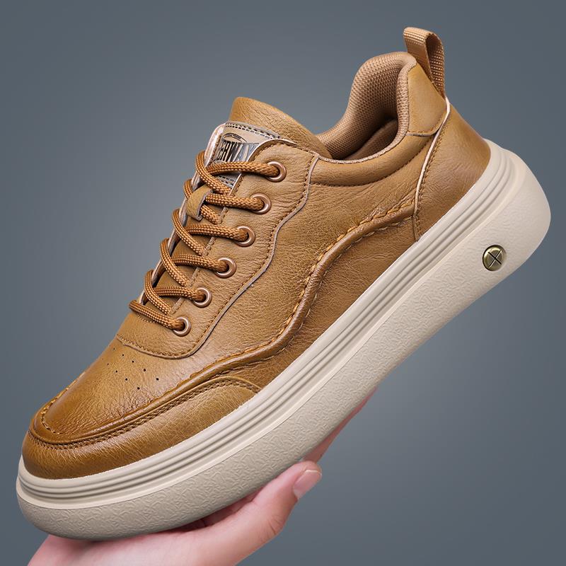 男鞋2025新款透气潮流百搭休闲运动板鞋男士真皮轻便软底厚底潮鞋
